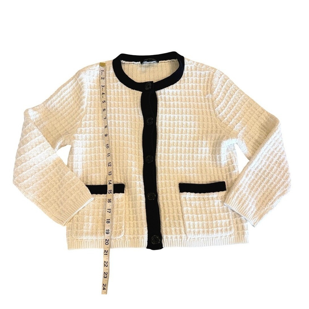 Ann Taylor Women L Cream Black Waffle Knit Button Front Cardigan Sweater - Picture 6 of 9